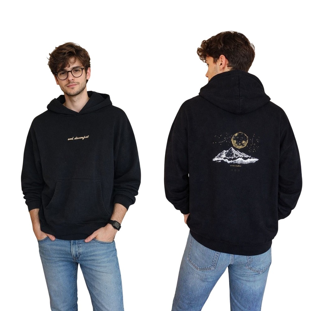 Seek Discomfort Black Graphic Hoodie Mountain‎ Moon Celestial Print Men's Size L